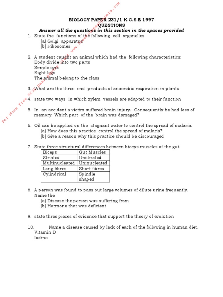 Kcse 1997 Biology Questions Pdf