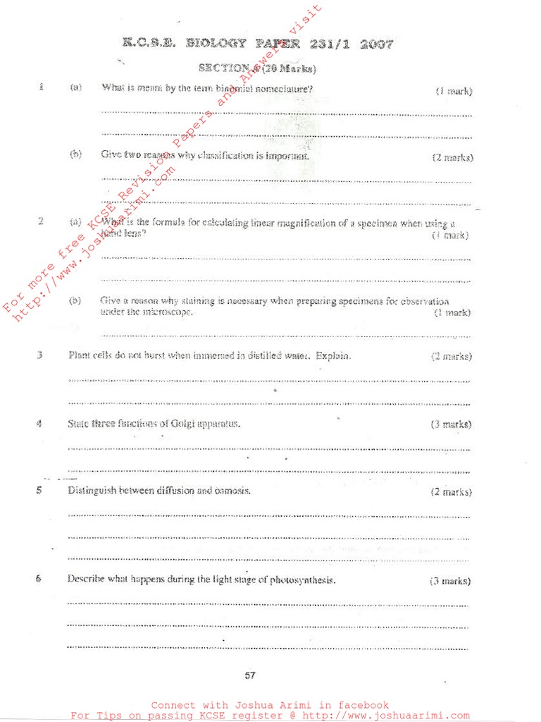 Kcse 2007 Biology P1 Pdf