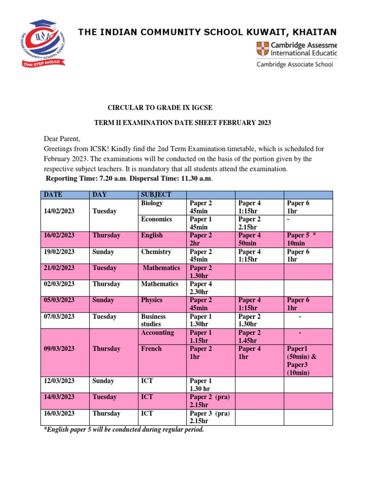 IGCSE IX Term II Date Sheet 2023 PDF Educational Stages