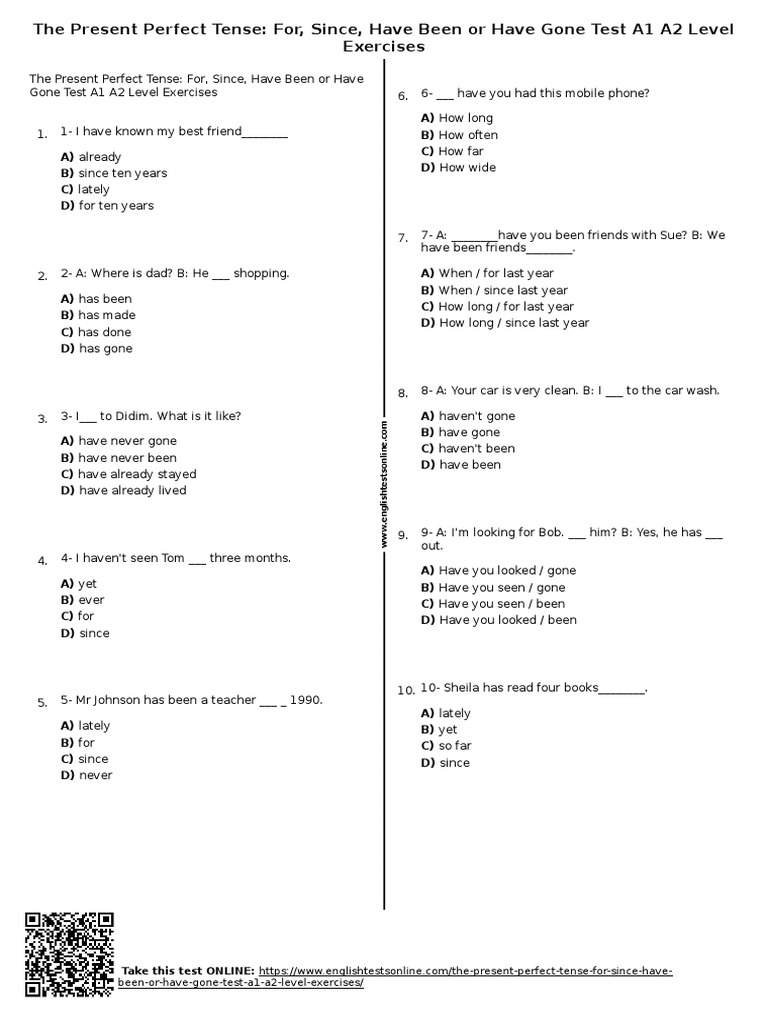 439QP - The Present Perfect Tense For Since Have Been or Have Gone Test ...