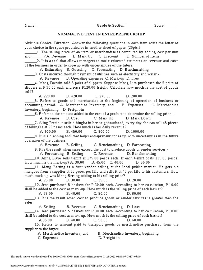 Summative Test Entrep 2ND Quarter 2 3 | PDF | Cost | Expense