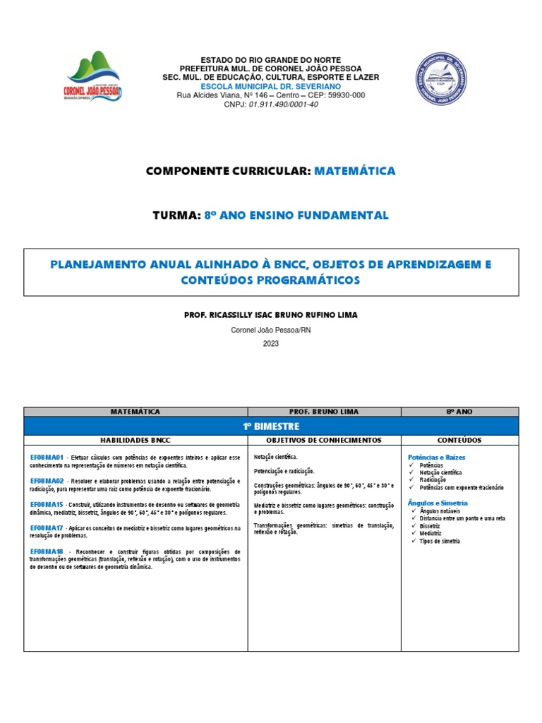 Planejamento Anual Matemática 8º Ano | PDF | Equações | Triângulo