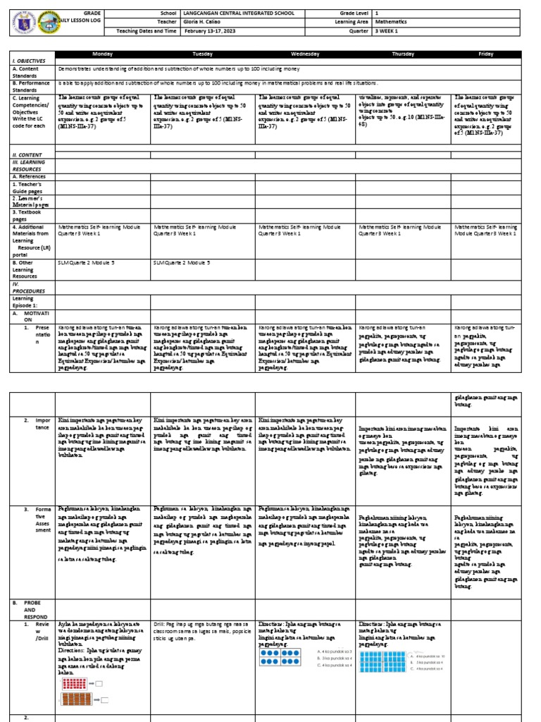 Grade 1 Math Lesson Plan: Addition & Subtraction | PDF | Learning ...