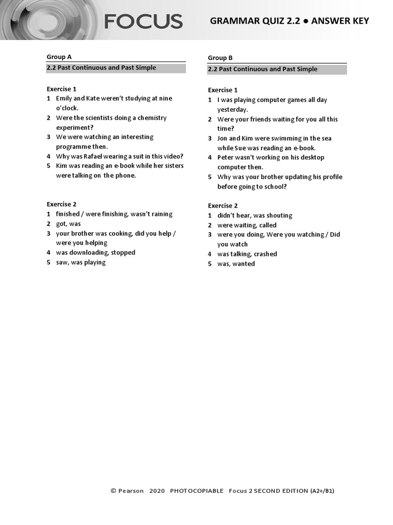 Focus2 2E Grammar Quiz Unit2 2 GroupA B ANSWERS | PDF