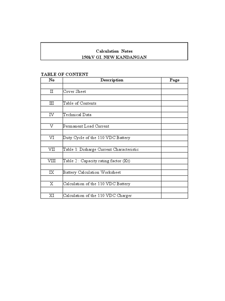Battery & Charger 110VDC Calculation Notes 150kV Kandangan