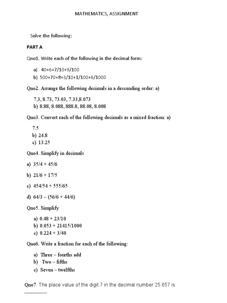 CBSE Class 6 Mathematics Decimals Worksheet | PDF | Naming Conventions