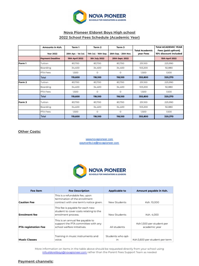 Nova pioneer eldoret boys high school 2022 academic year fees schedule