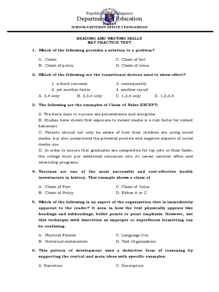 Reading and Writing Practice Test PDF Punctuation Literacy