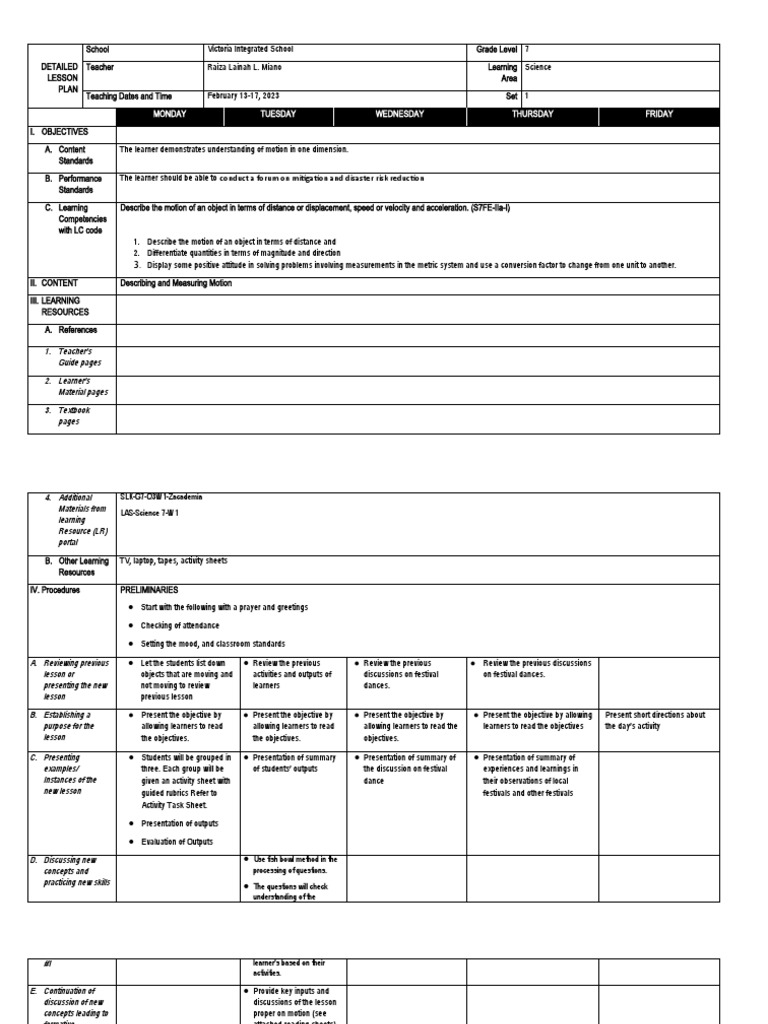 Grade 7 Science Lesson Plan on Motion | PDF | Learning | Teachers