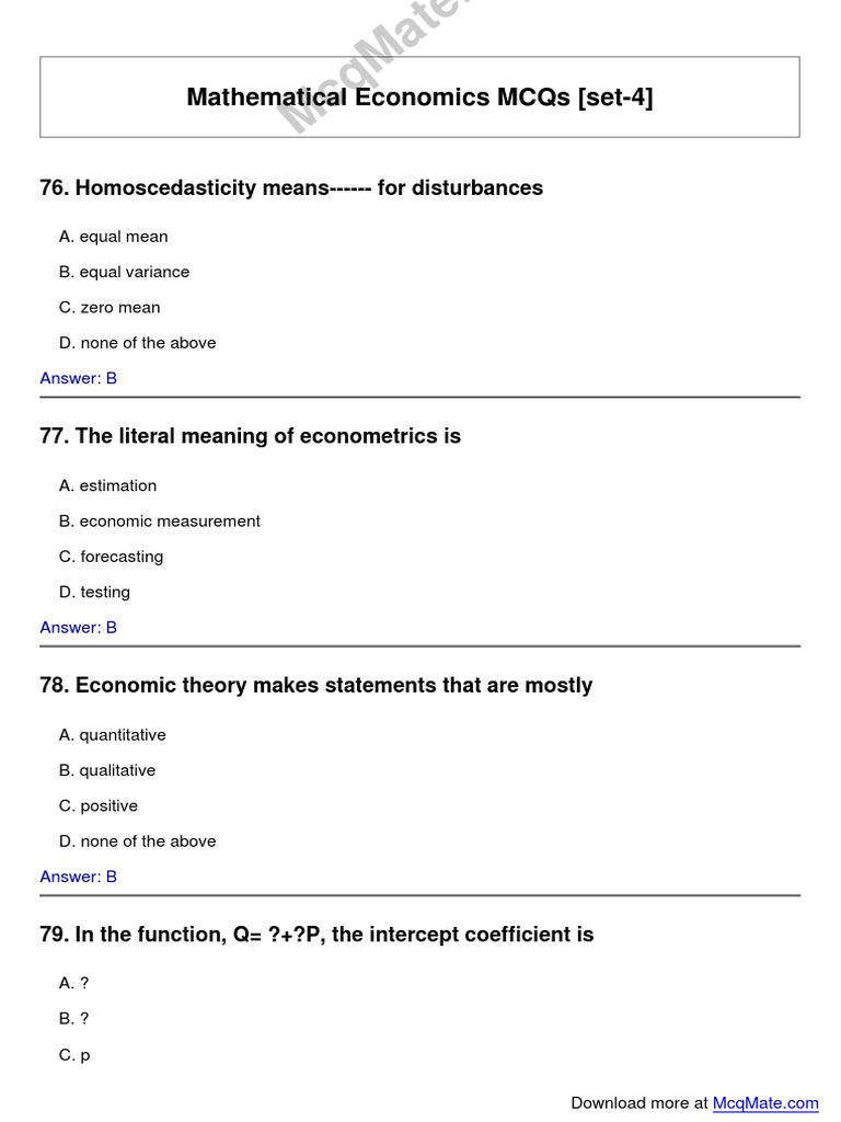 Mathematical Economics MCQs Set-4 | PDF | Regression Analysis ...