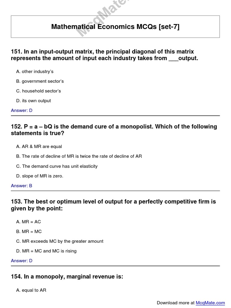 MathematicalEconomics Solved MCQs (Set7) PDF Monopoly Perfect