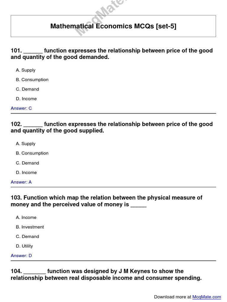 Mathematical Economics MCQs Set 5 | PDF | Demand | Consumption (Economics)