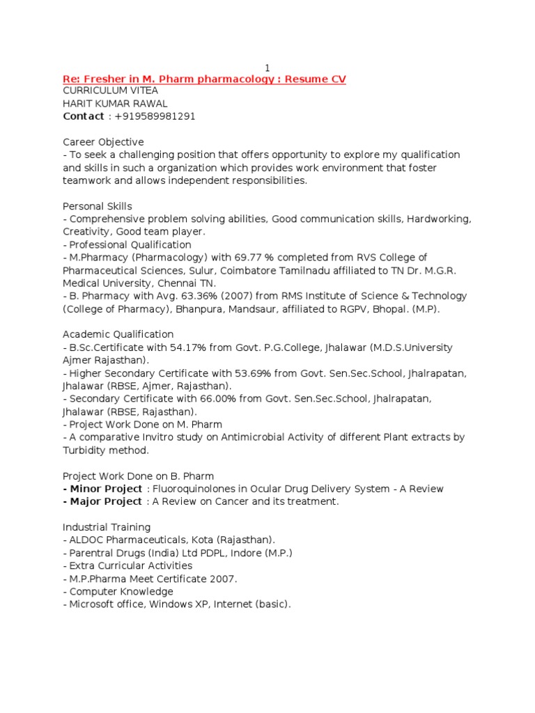 Sample M.pharm Fresher Resumes  Pharmacy  Pharmacology