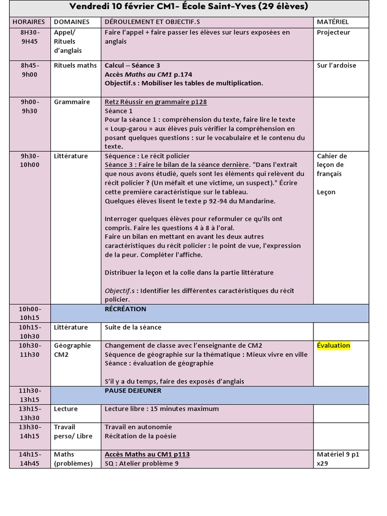 Emploi du temps CM1 École Saint-Yves | PDF