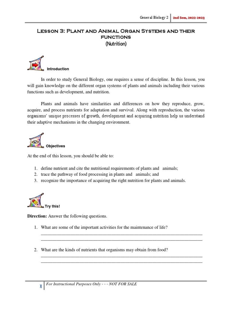 Lesson 3 Plant and Animal Organ Systems and Their Functions (Nutrition
