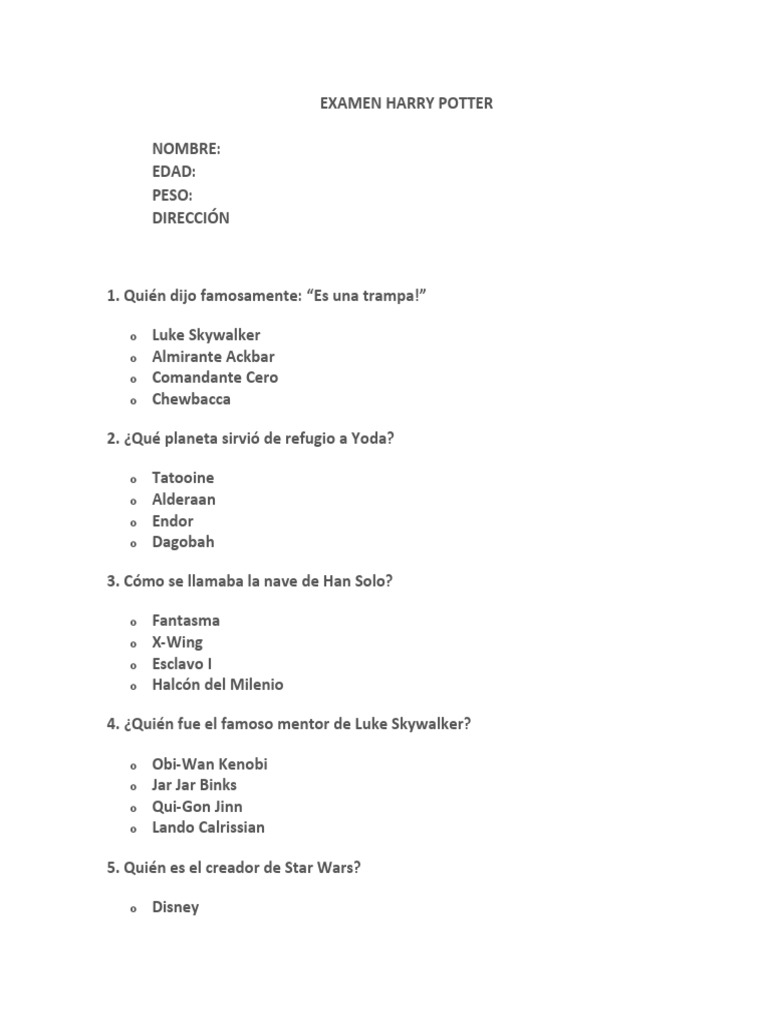 Cuestionario de Star Wars: 20 Preguntas | PDF