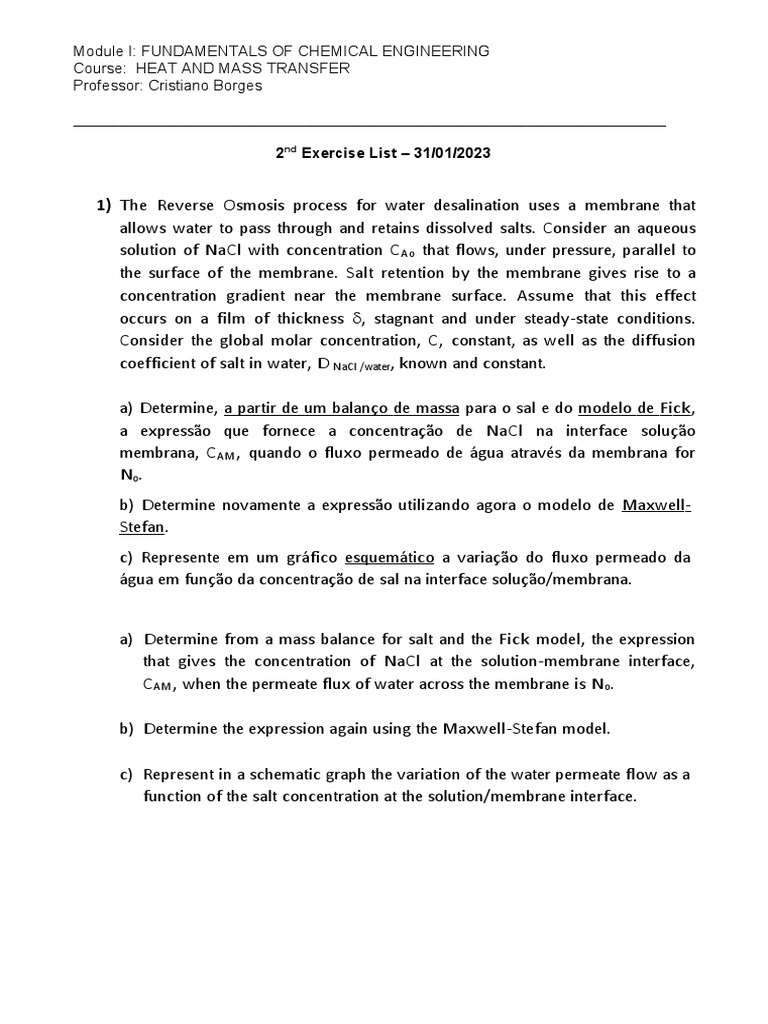 2nd Exercise List (PDF Io) PDF Membrane Diffusion