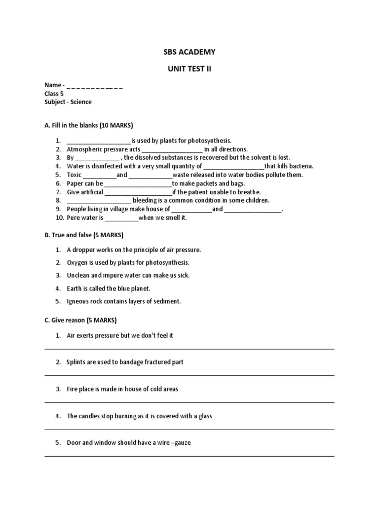 Class 5 Science 2nd Unit Test Paper 2025 | PDF | Water | Atmosphere Of ...