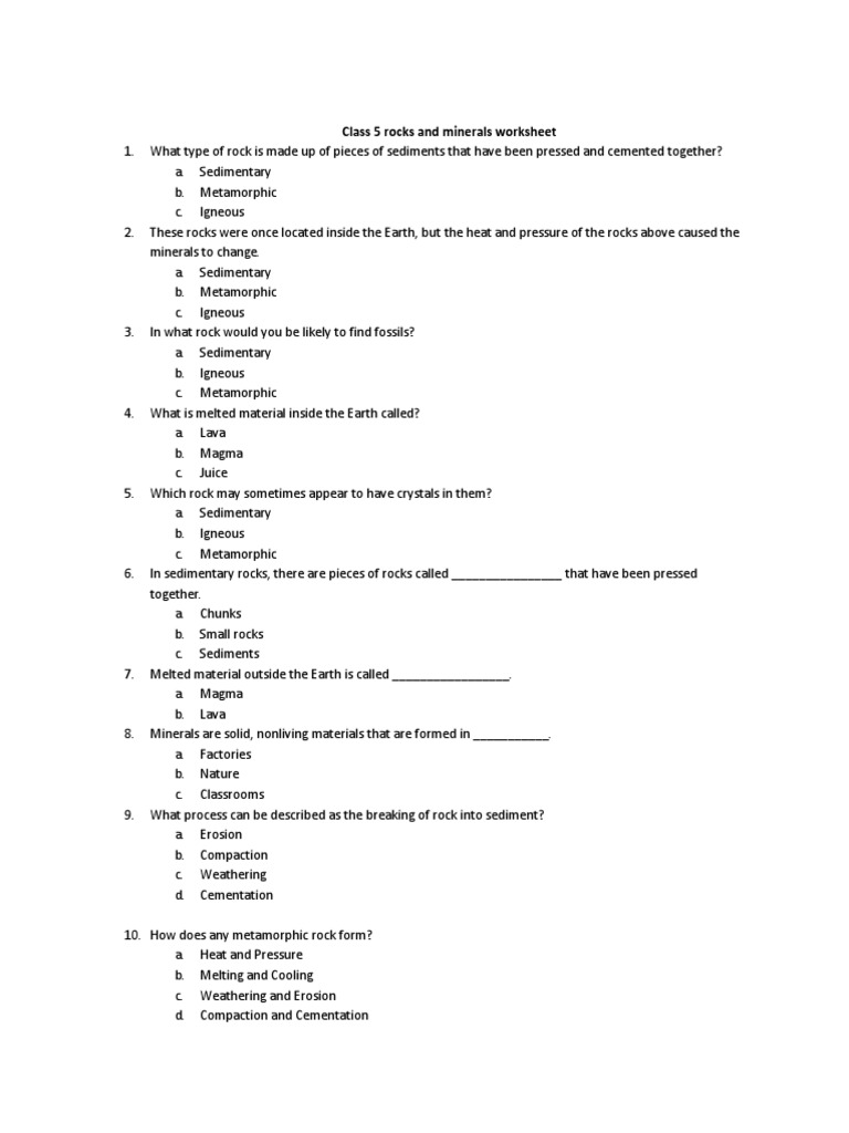 Class 5 rocks and minerals worksheet pdf rock geology
