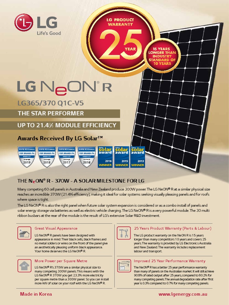LG NeON® R (365W-370W Q1C-V5) | PDF | Photovoltaics | Solar Panel