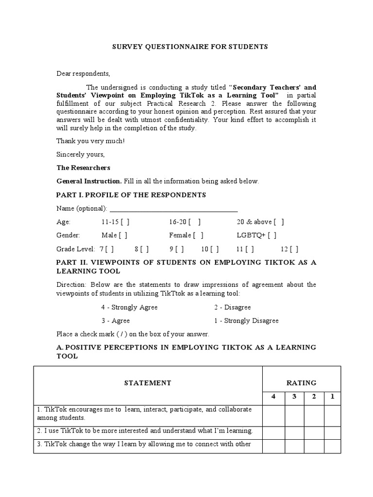 TikTok as a Learning Tool Survey | PDF | Questionnaire | Behavior ...