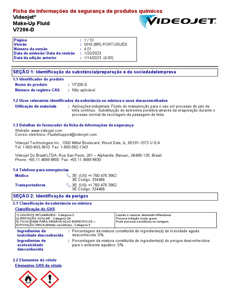 Videojet MakeUp Fluid Ficha de Informações de Segurança de Produtos