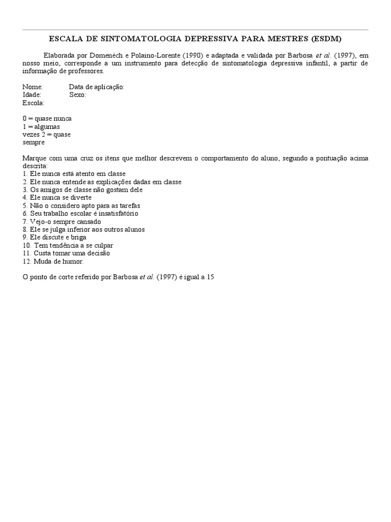 Escala de Sintomatologia Depressiva para Mestres (ESDM) Word | PDF