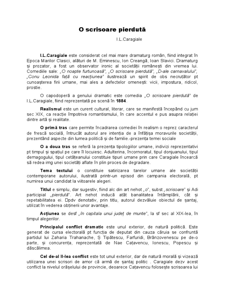 O Scrisoare Pierduta Modul Din Care Se Reflecta O Tema O Scrisoare Pierduta | PDF