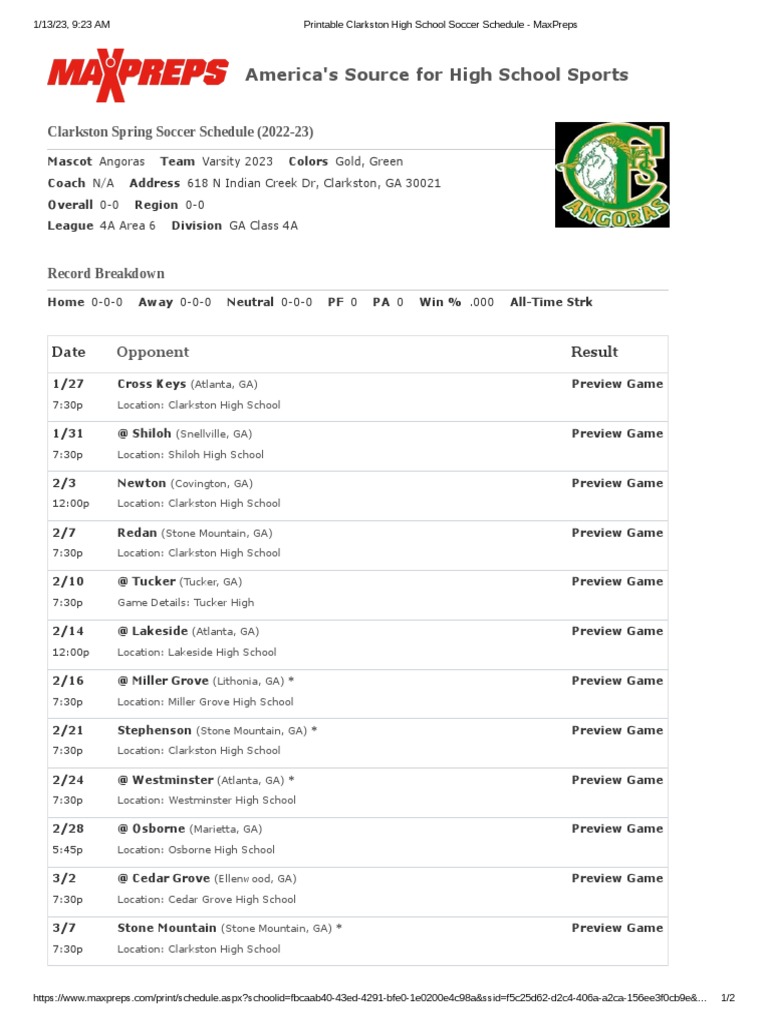 Printable Clarkston High School Soccer Schedule MaxPreps PDF