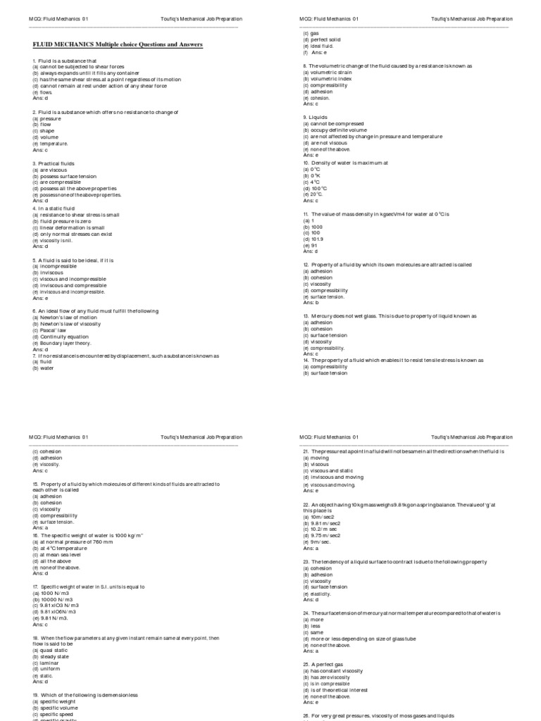 255 TOP FLUID MECHANICS Multiple Choice Questions and Answers PDF Buoyancy Viscosity