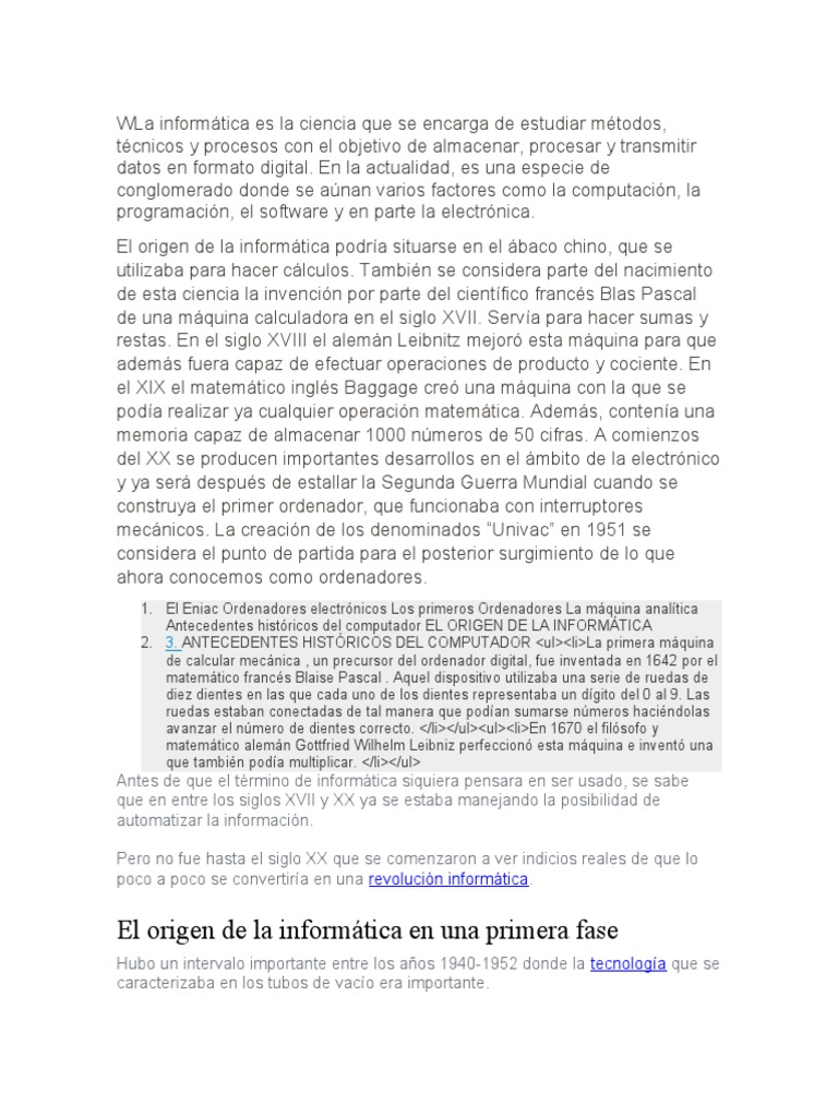 Orígenes y evolución de la informática | PDF | Informática | Ciencias ...