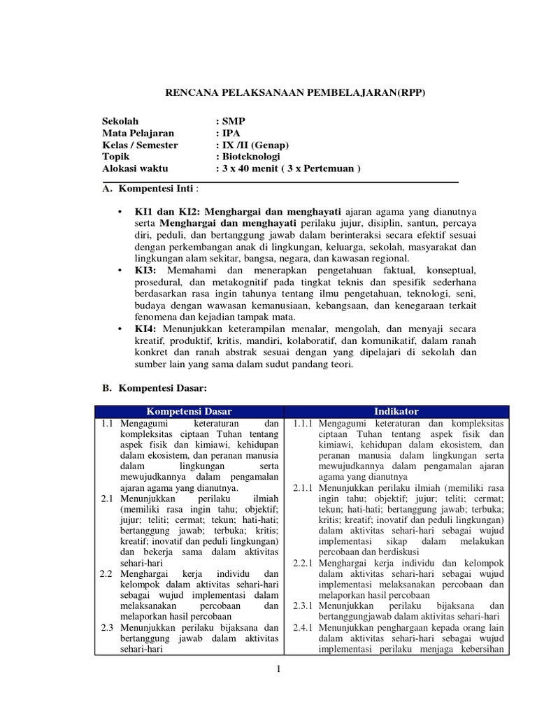 Rencana Pelaksanaan Pembelajaran (RPP) : Kompetensi Dasar Indikator | PDF