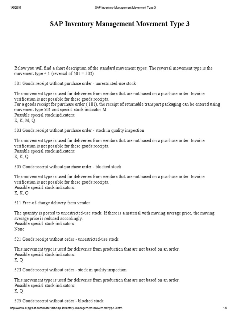 SAP Inventory Management Movement Type 3 PDF Receipt Inventory