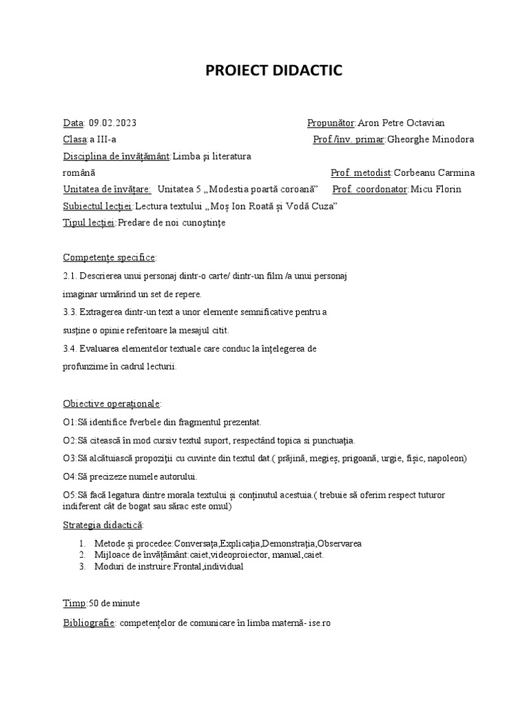 Proiectul Didactic - Scoala Romana | PDF