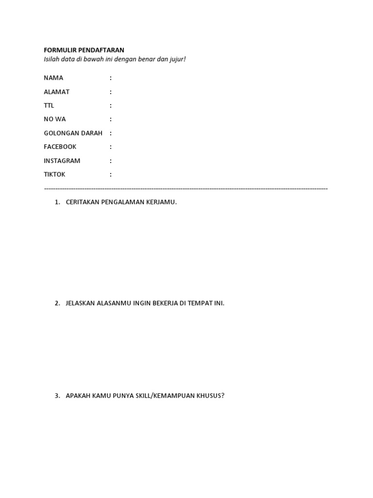 Contoh Formulir Pendaftaran Kerja | PDF