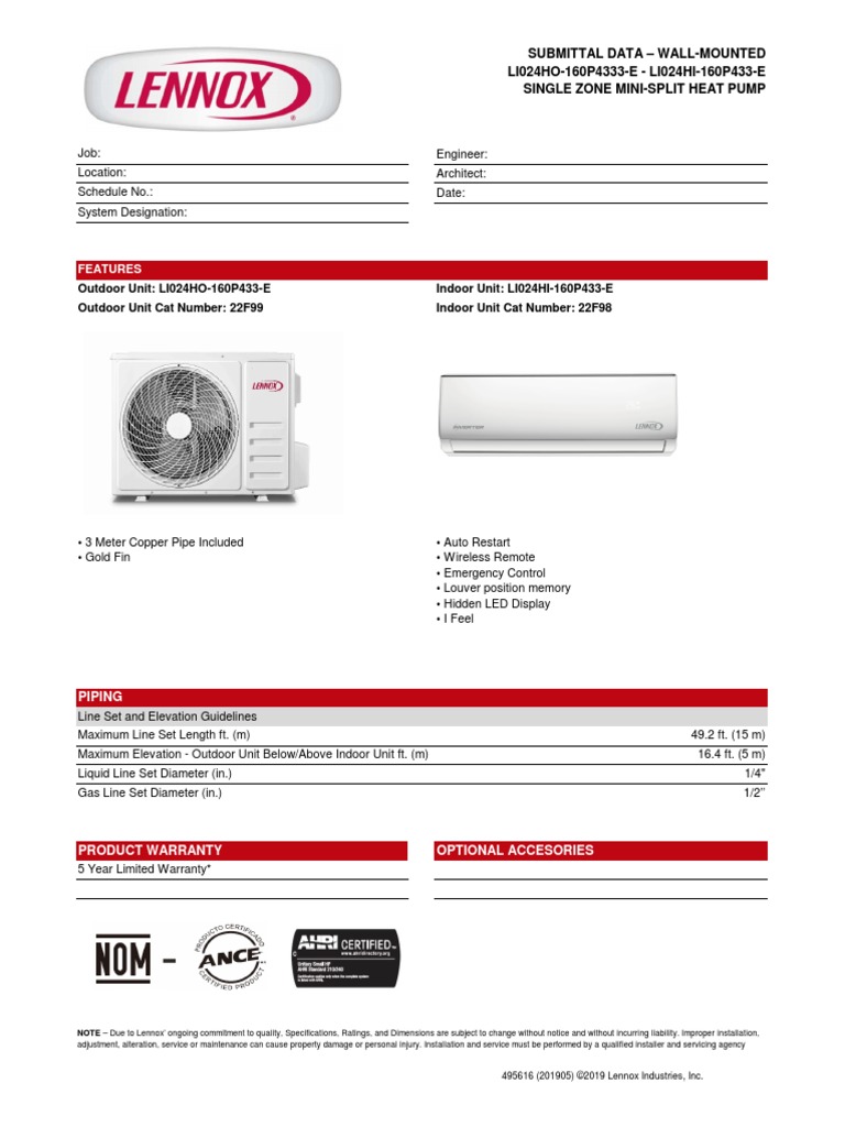 Lennox_Mini split_16 SEER_T_24K PDF Air Conditioning Electrical
