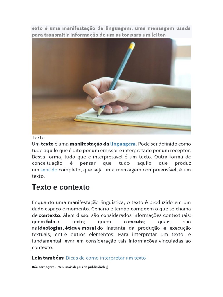 O que é um texto? Definição e tipos | PDF | Artes Linguísticas e ...
