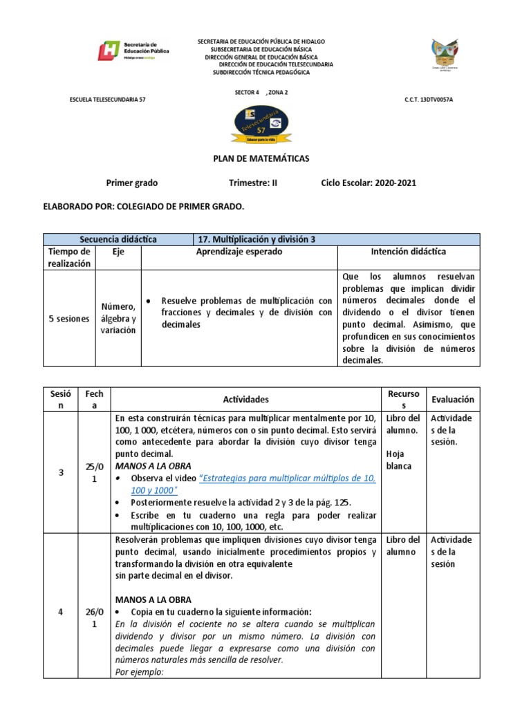 Plan de Matemáticas para Primer Grado | PDF | División (Matemáticas ...