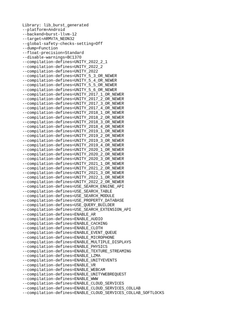 Configuration settings and compilation defines for burst compiler