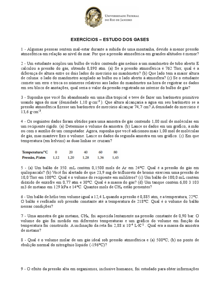 Lista de Exercícios - Estudo Dos Gases | PDF | Pressão | Gases