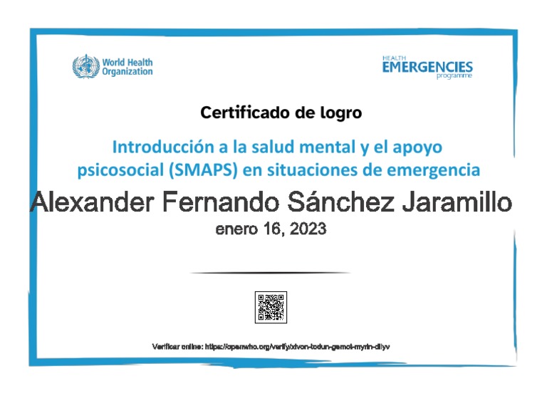 Salud Mental y Apoyo Psicosocial en Emergencias - RecordOfAchievement | PDF