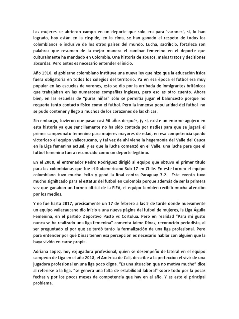 Cronica Futbol Femenino | PDF | Asociacin de Futbol | Colombia