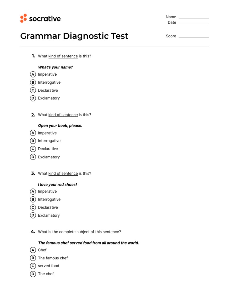 Quiz Grammar Diagnostic Test PDF Sentence (Linguistics) Verb