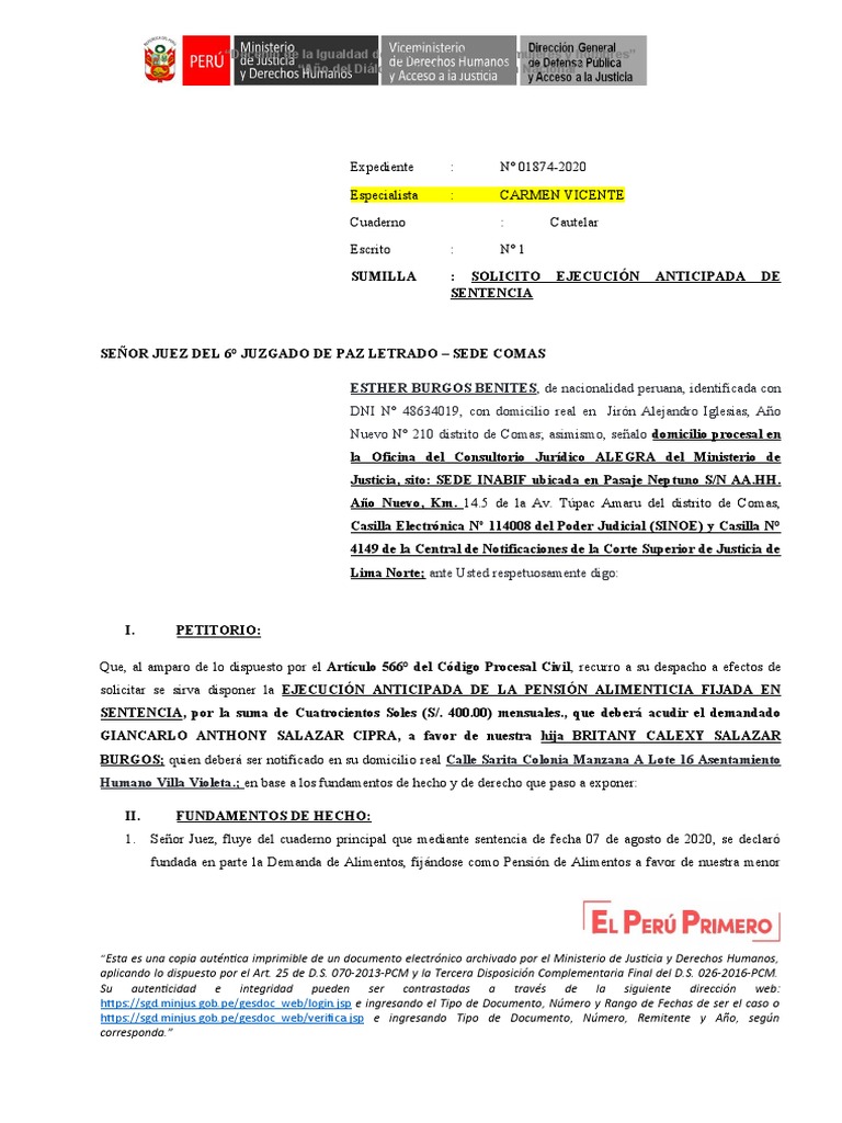 Ejecución Anticipada de Sentencia Esther Burgos Benites | PDF | Pensión