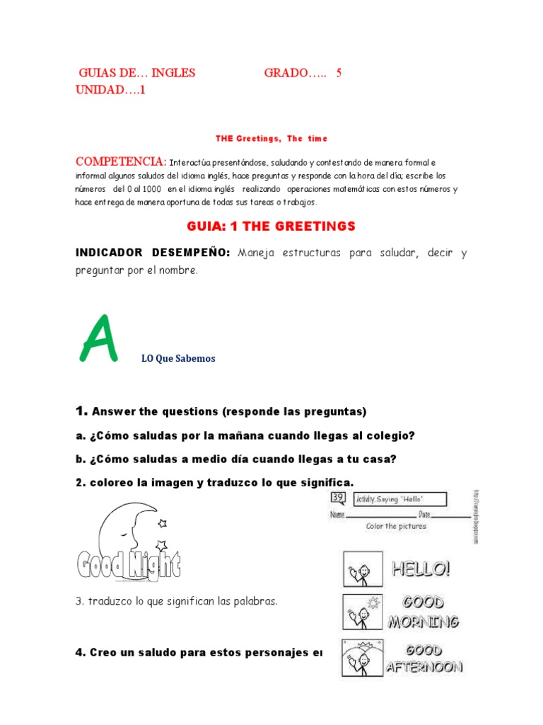 GUIAS DE INGLES UNIDAD 1 Primer Periodo GRADO 5 | PDF