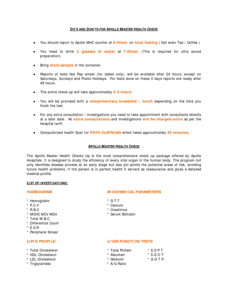 Apollo Master Health Check Guidelines | PDF | Cholesterol | Physical ...