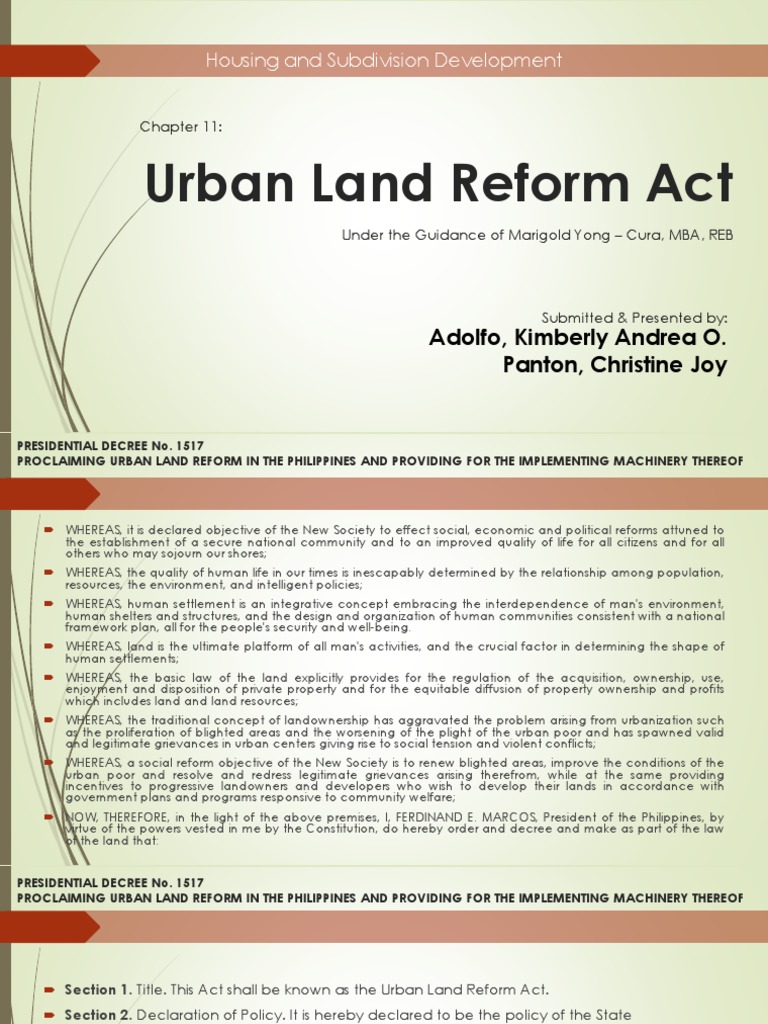 Implementing Urban Land Reform An Analysis of Presidential Decree No