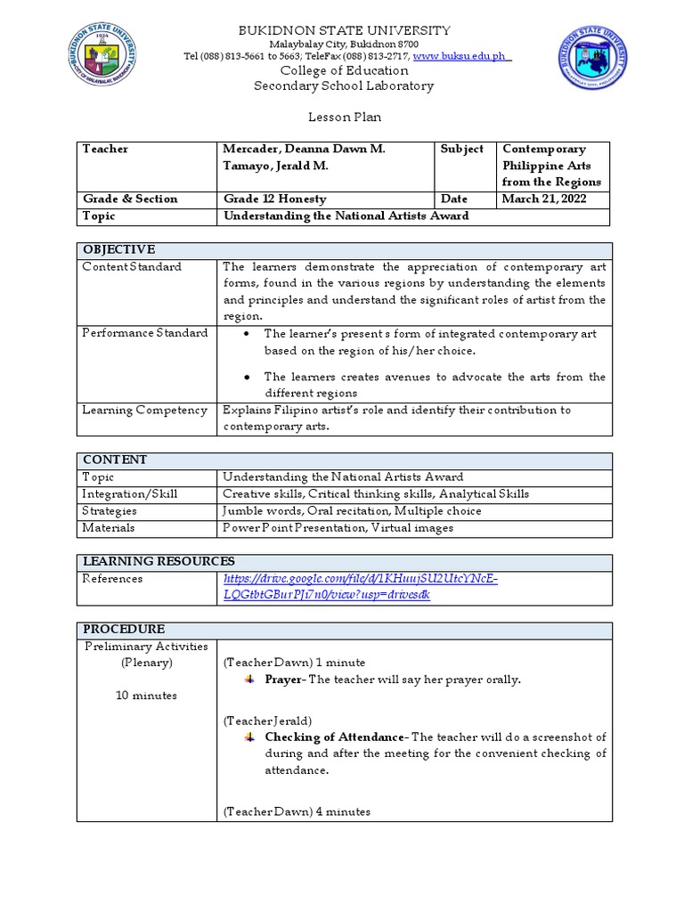 Lesson Plan in Contemporary Arts From The Philippines | PDF | Learning ...