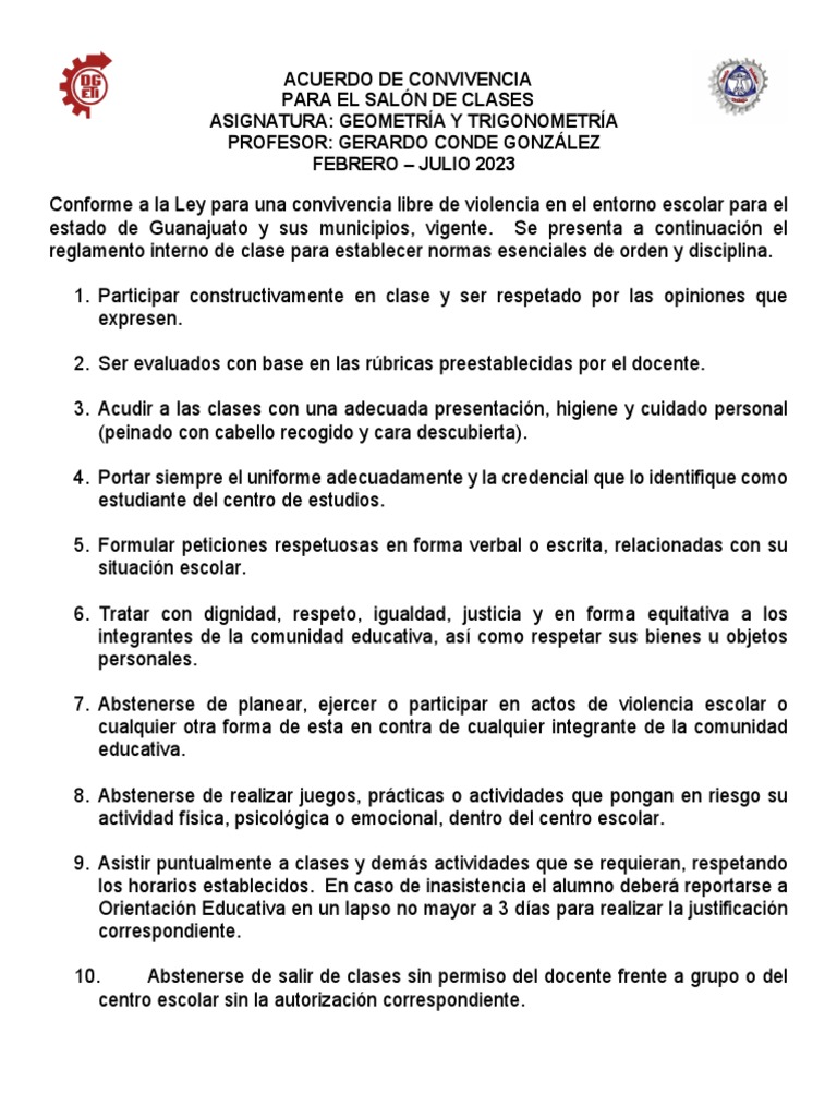 Reglamento de Convivencia Escolar 2023 | PDF | Maestros | Disciplinas