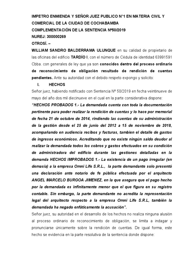 Enmienda a Sentencia Civil en Cochabamba | PDF | Sentencia (ley) | Ley ...